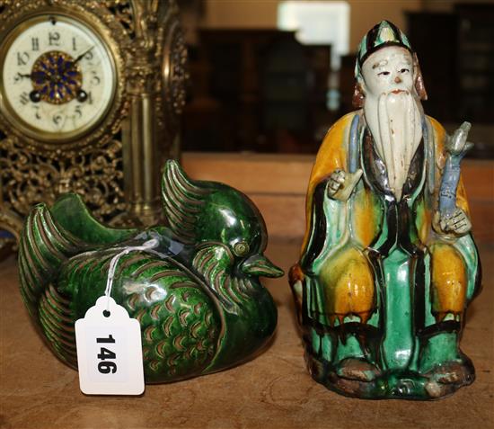 Brushpot in the form of a mandarin duck & pottery figure of elderly man with beard